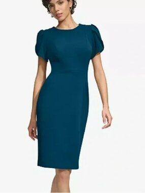 NWOT Calvin Klein Teal Blue Tulip-Sleeve Sheath Dress Size 6